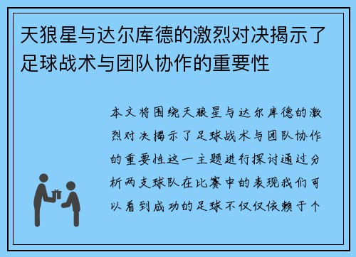 天狼星与达尔库德的激烈对决揭示了足球战术与团队协作的重要性